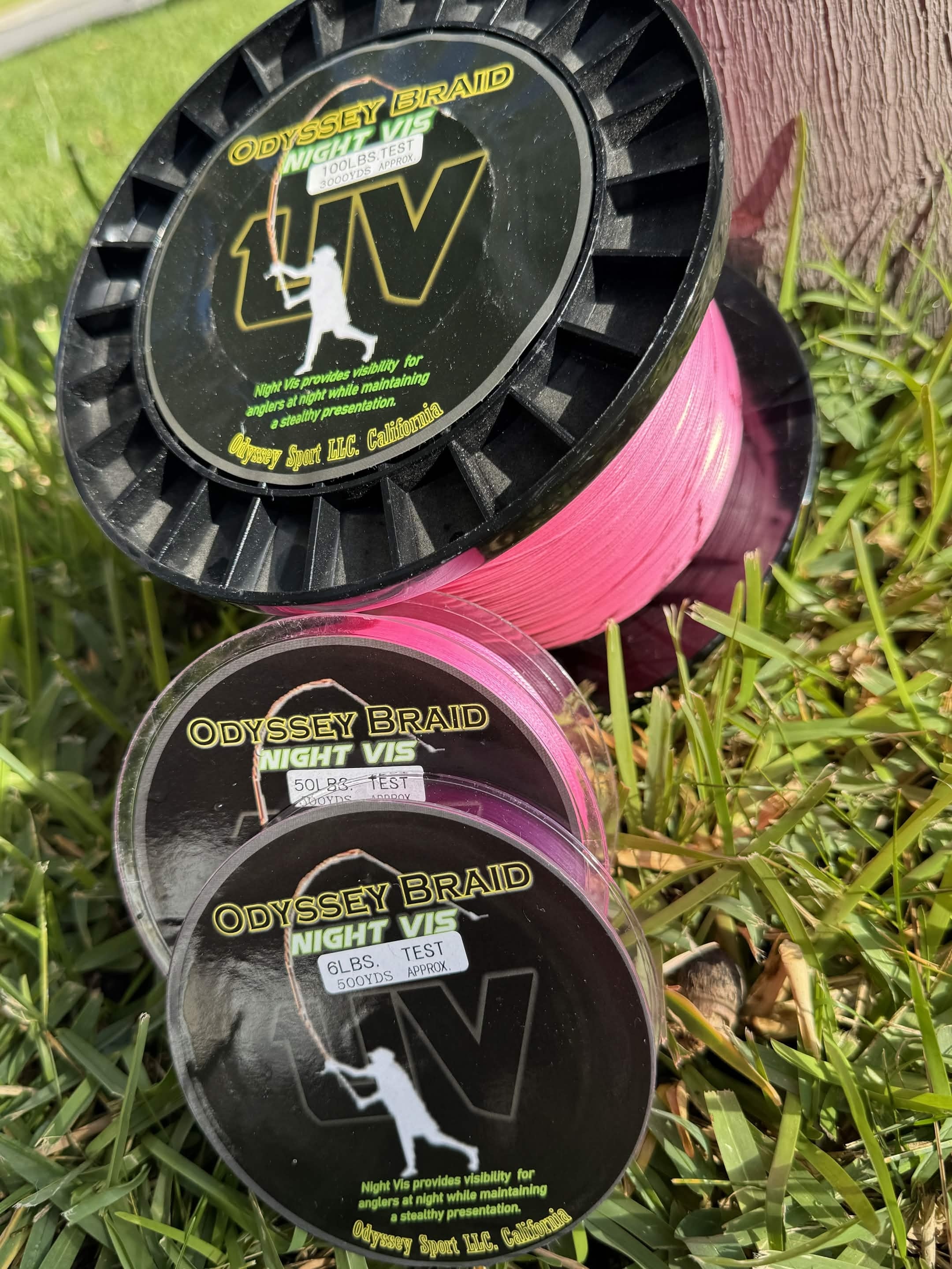 neon braided fishing line Xplasma Asegai Braid 50 lb / 330 yd / Dark Green yard spool features a convenient halfway marker Night Viz Braid Odyssey
